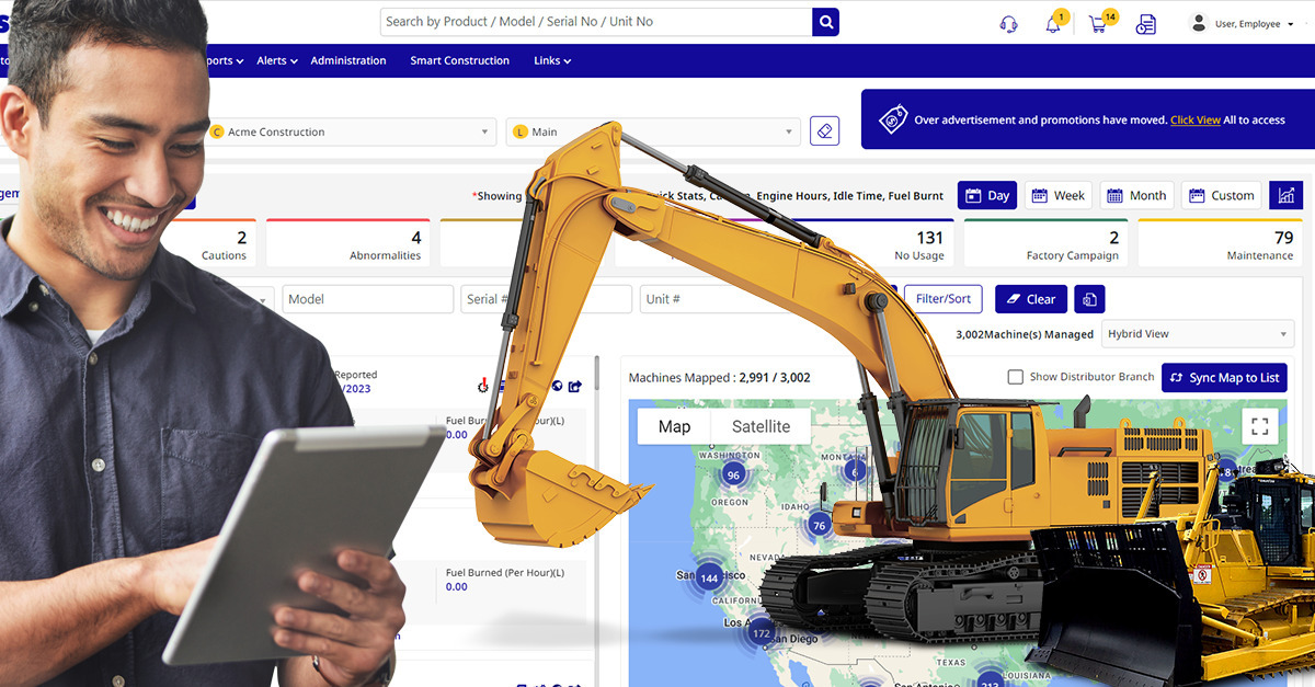 Phone and laptop displaying KOMTRAX data for dozers